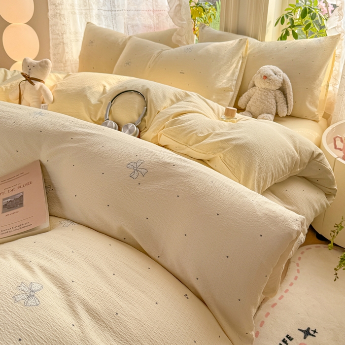 91家纺网 家纺一手货源 找家纺 丝芙妮家居 2026新款皱皱棉双层纱泡芙棉四件套 泡芙蝴蝶结