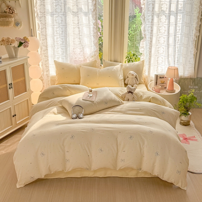 91家纺网 家纺一手货源 找家纺 丝芙妮家居 2026新款皱皱棉双层纱泡芙棉四件套 泡芙蝴蝶结