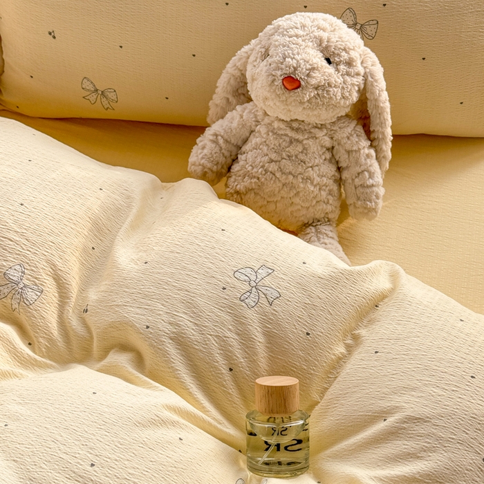 91家纺网 家纺一手货源 找家纺 丝芙妮家居 2026新款皱皱棉双层纱泡芙棉四件套 泡芙蝴蝶结