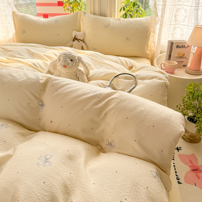 91家纺网 家纺一手货源 找家纺 丝芙妮家居 2026新款皱皱棉双层纱泡芙棉四件套 泡芙蝴蝶结