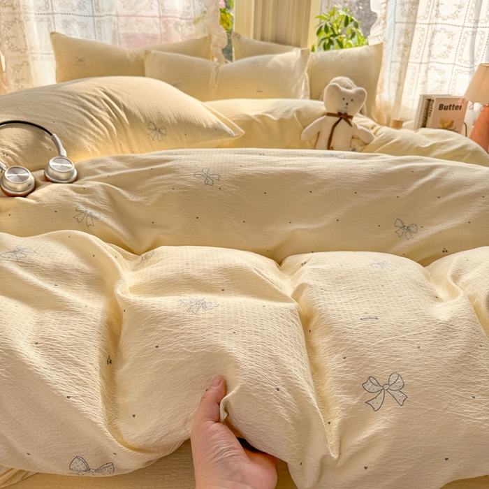 91家纺网 家纺一手货源 找家纺 丝芙妮家居 2026新款皱皱棉双层纱泡芙棉四件套 泡芙蝴蝶结