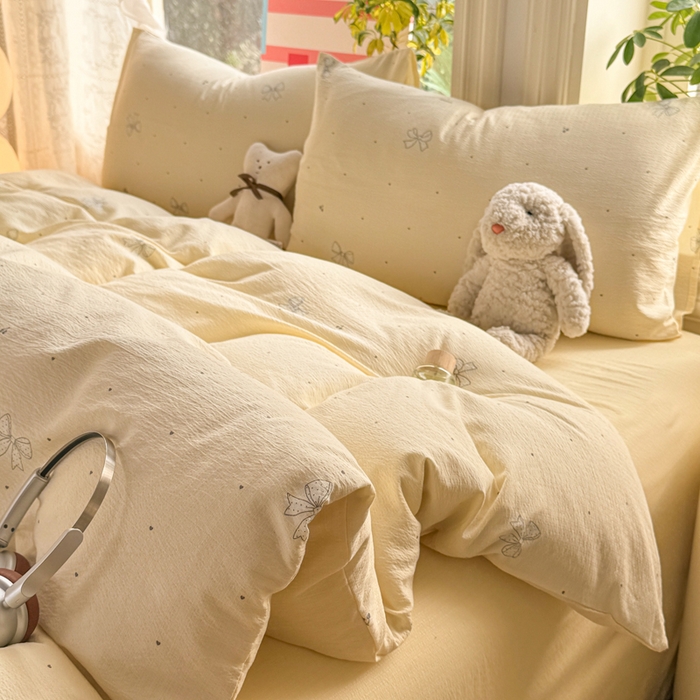 91家纺网 家纺一手货源 找家纺 丝芙妮家居 2026新款皱皱棉双层纱泡芙棉四件套 泡芙蝴蝶结