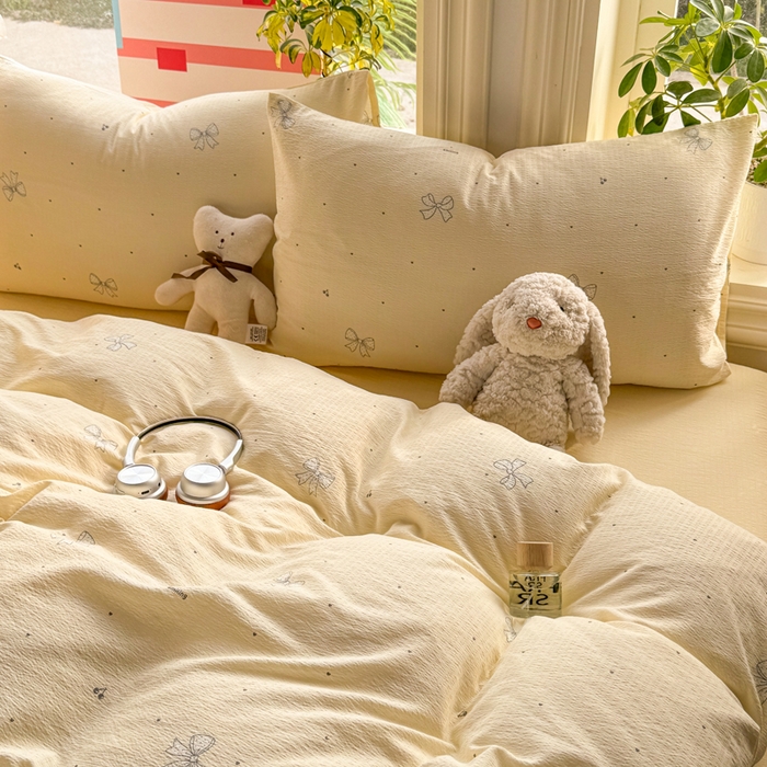 91家纺网 家纺一手货源 找家纺 丝芙妮家居 2026新款皱皱棉双层纱泡芙棉四件套 泡芙蝴蝶结