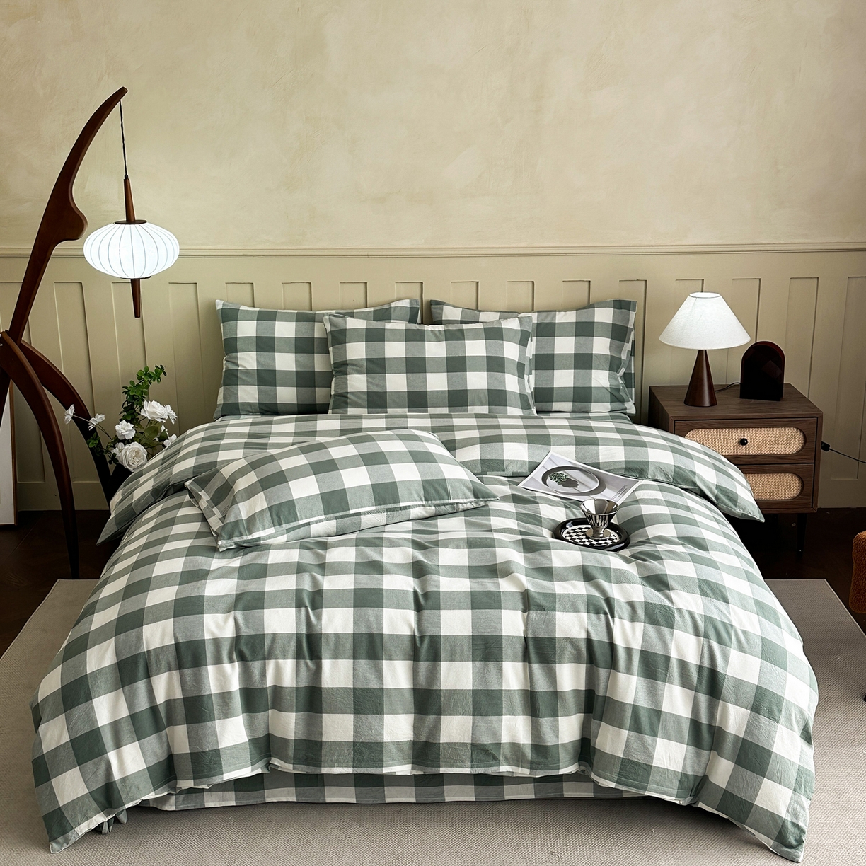 91家纺网 家纺一手货源 找家纺 （总）蓝梦 2026新款全棉纯棉色织水洗棉简约四件套-大格