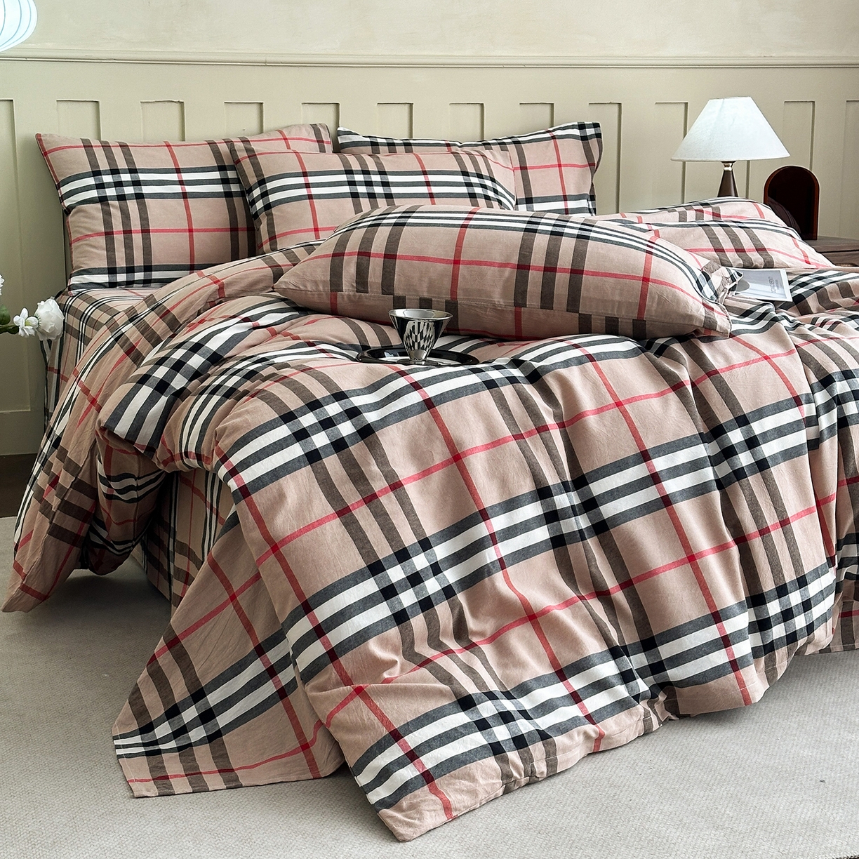 91家纺网 家纺一手货源 找家纺 （总）蓝梦 2026新款全棉纯棉色织水洗棉简约四件套-大格