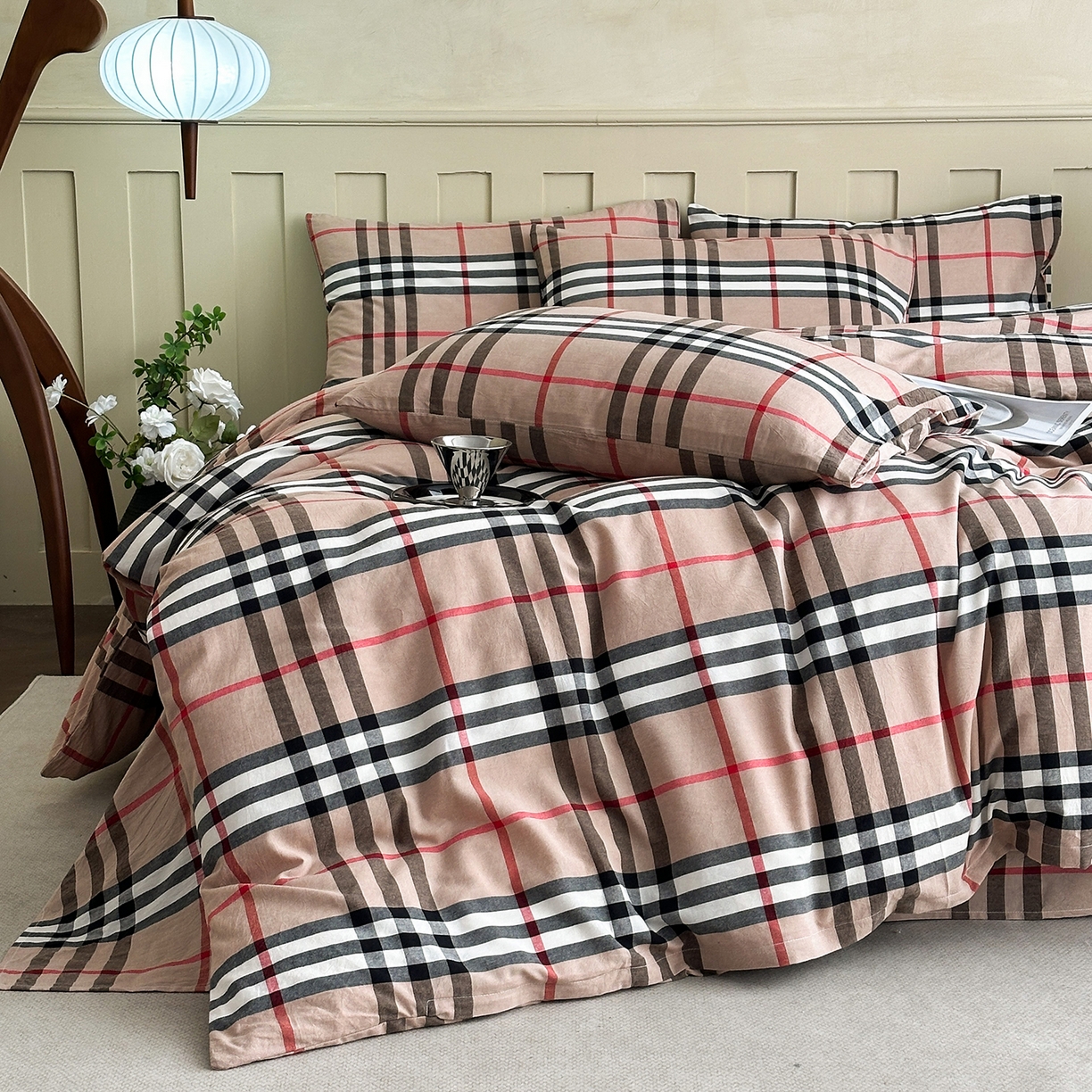 91家纺网 家纺一手货源 找家纺 （总）蓝梦 2026新款全棉纯棉色织水洗棉简约四件套-大格