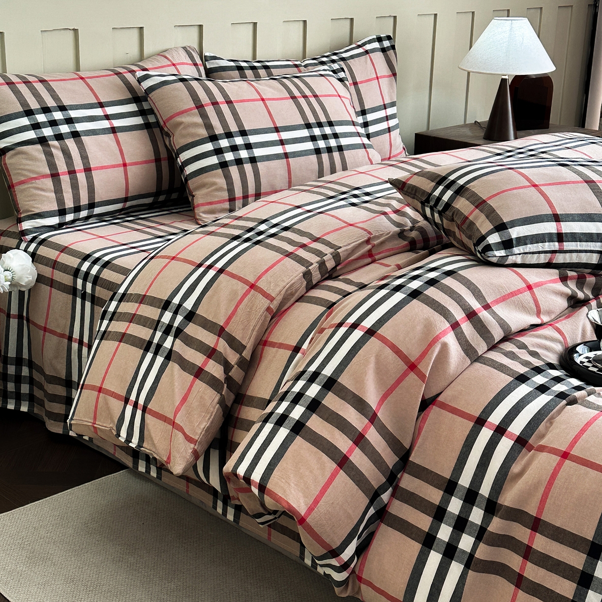 91家纺网 家纺一手货源 找家纺 （总）蓝梦 2026新款全棉纯棉色织水洗棉简约四件套-大格