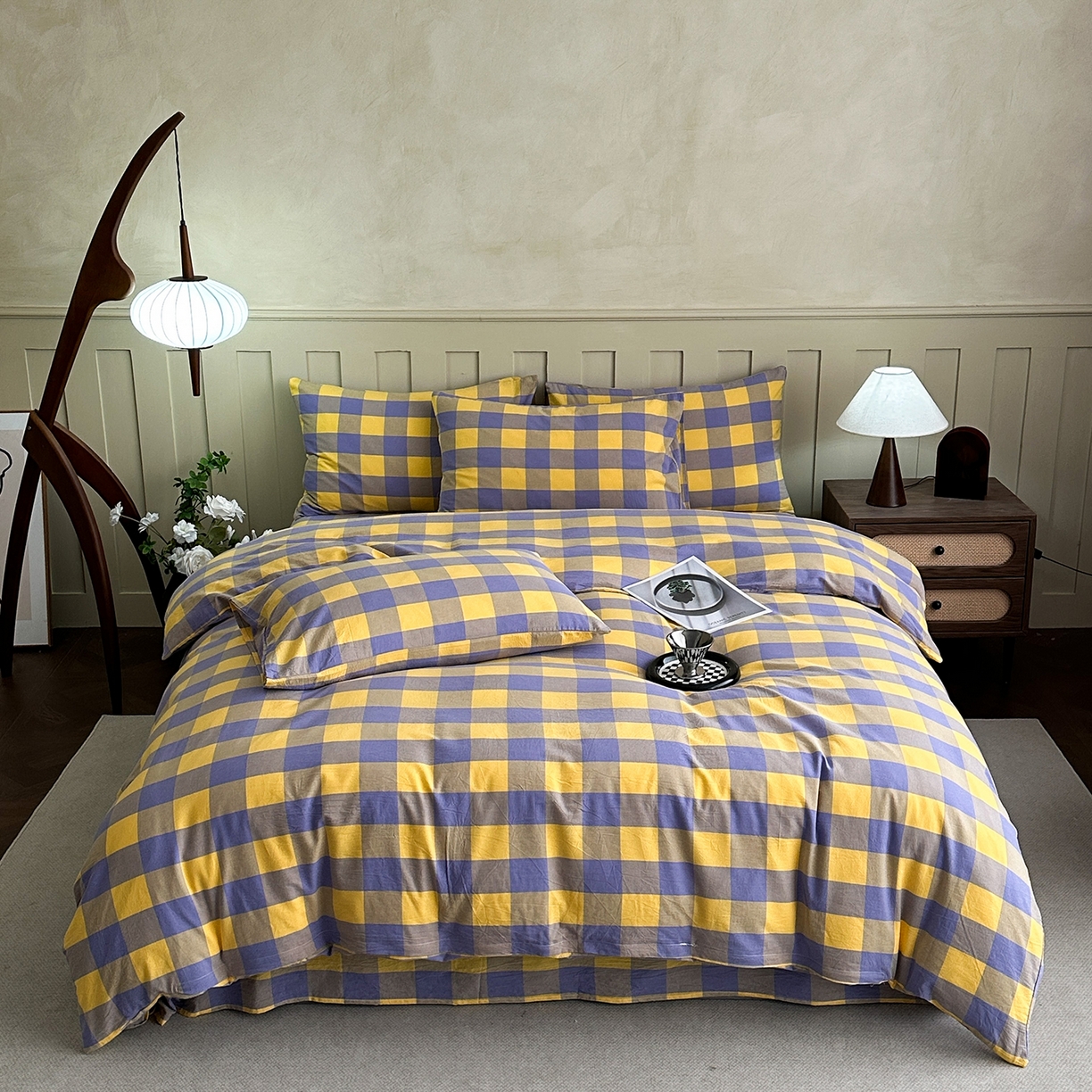 91家纺网 家纺一手货源 找家纺 蓝梦 2026新款全棉纯棉色织水洗棉简约四件套-大格 鹅黄