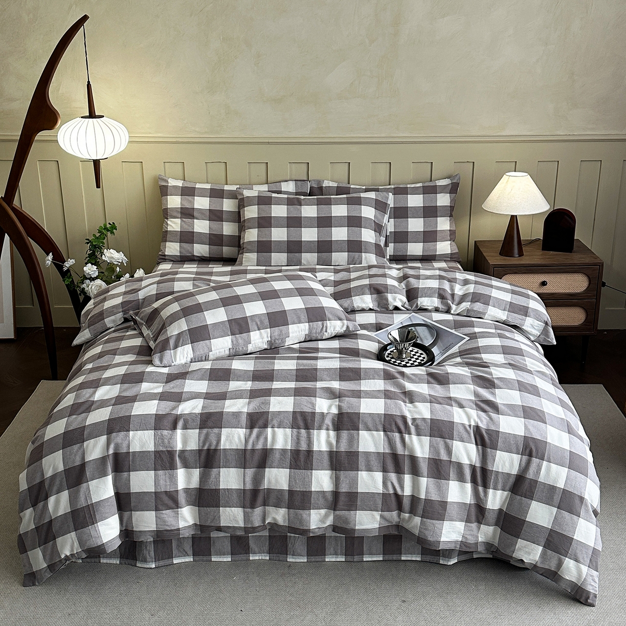 91家纺网 家纺一手货源 找家纺 蓝梦 2026新款全棉纯棉色织水洗棉简约四件套-大格 可可灰