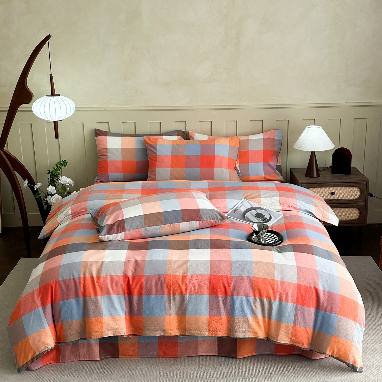 91家纺网 家纺一手货源 找家纺 蓝梦 2026新款全棉纯棉色织水洗棉简约四件套-大格 蓝粉格