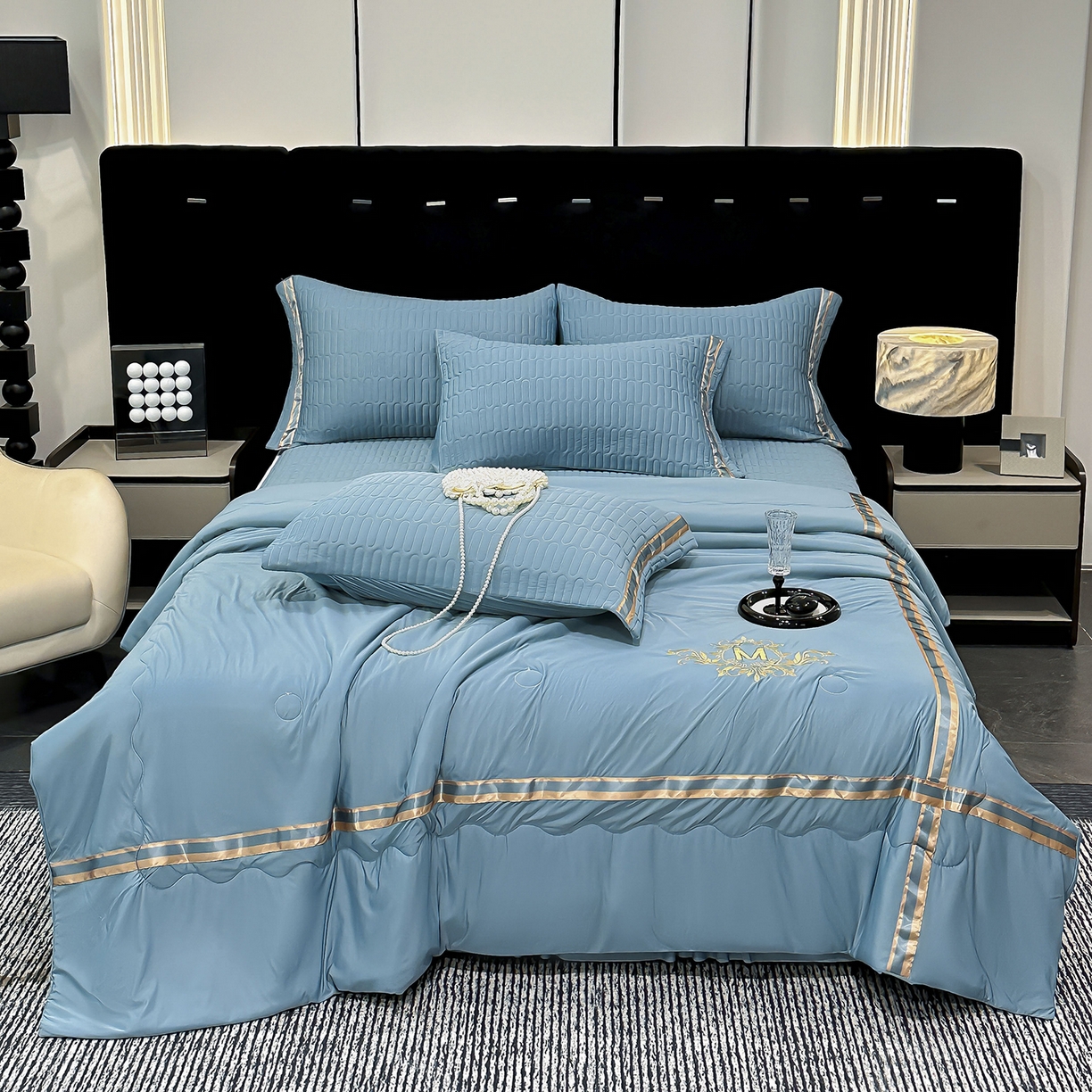 91家纺网 家纺一手货源 找家纺 妮恒美家纺 2026新款凉感丝床盖夏被款绅士系列 绅士蓝绿