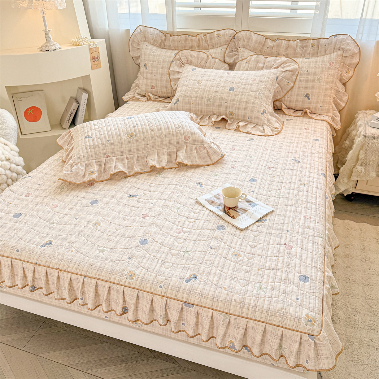 91家纺网 家纺一手货源 找家纺 宜凡家纺 2026新款全棉印花夹棉花边床笠套件②--三件套 海底世界