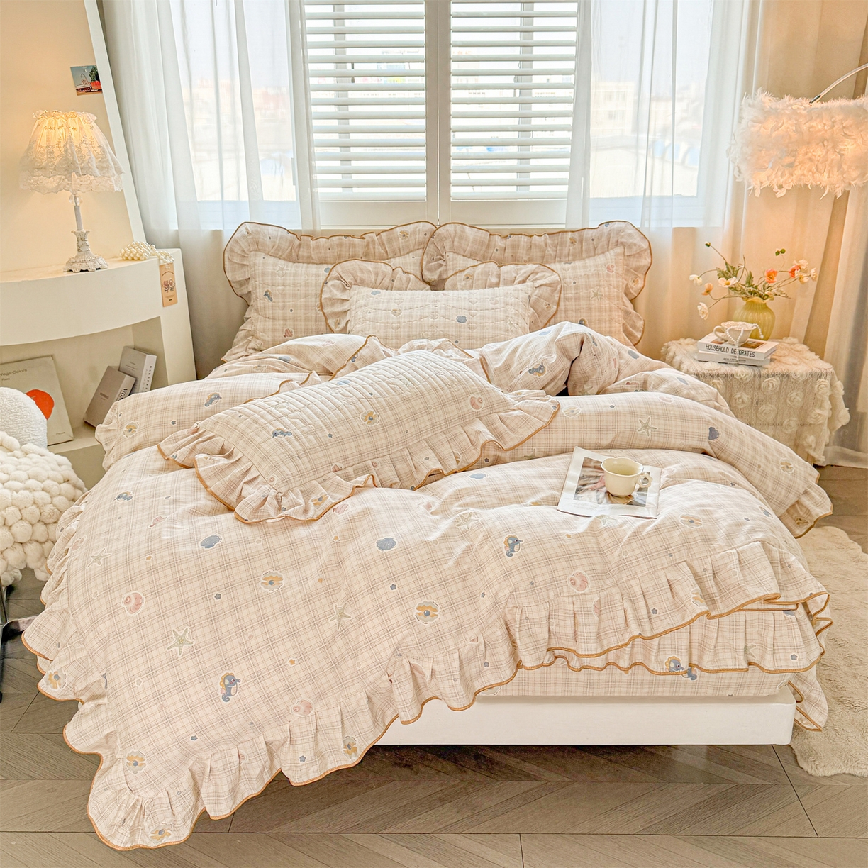 91家纺网 家纺一手货源 找家纺 宜凡家纺 2026新款全棉印花夹棉花边床笠套件②--三件套 海底世界