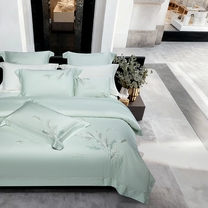 91家纺网 家纺一手货源 找家纺 诗黛尔 2026春夏新款 天丝刺绣四件套叶叶生辉系列 清新绿