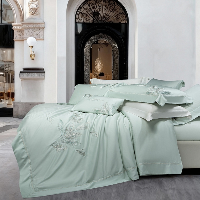 91家纺网 家纺一手货源 找家纺 诗黛尔 2026春夏新款 天丝刺绣四件套叶叶生辉系列 清新绿