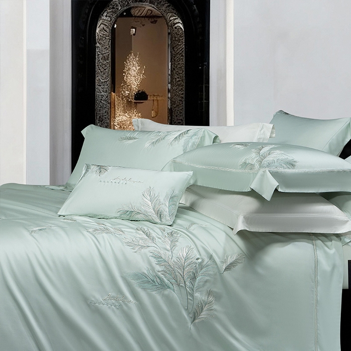 91家纺网 家纺一手货源 找家纺 诗黛尔 2026春夏新款 天丝刺绣四件套叶叶生辉系列 清新绿