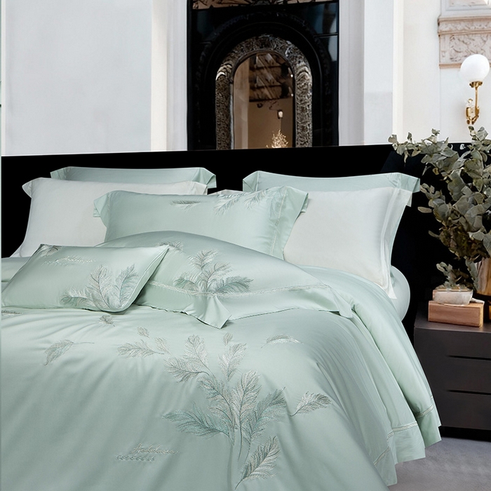 91家纺网 家纺一手货源 找家纺 诗黛尔 2026春夏新款 天丝刺绣四件套叶叶生辉系列 清新绿