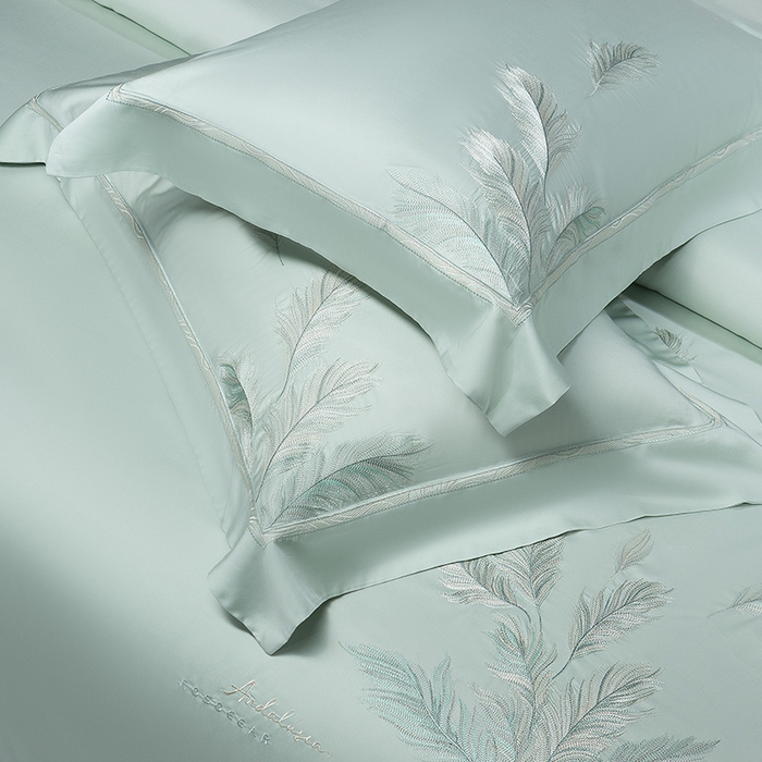 91家纺网 家纺一手货源 找家纺 诗黛尔 2026春夏新款 天丝刺绣四件套叶叶生辉系列 清新绿