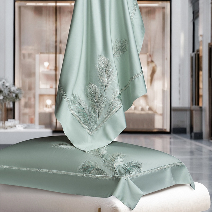 91家纺网 家纺一手货源 找家纺 诗黛尔 2026春夏新款 天丝刺绣四件套叶叶生辉系列 清新绿