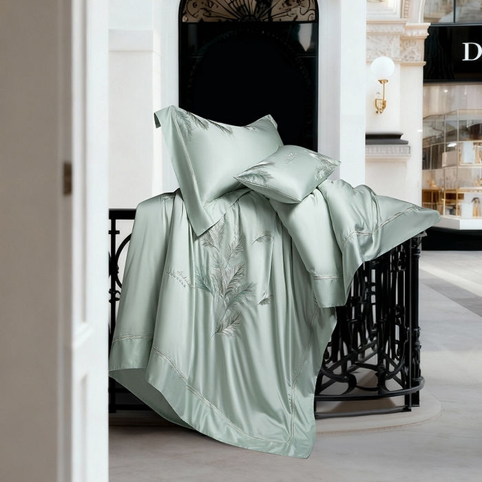 91家纺网 家纺一手货源 找家纺 诗黛尔 2026春夏新款 天丝刺绣四件套叶叶生辉系列 清新绿