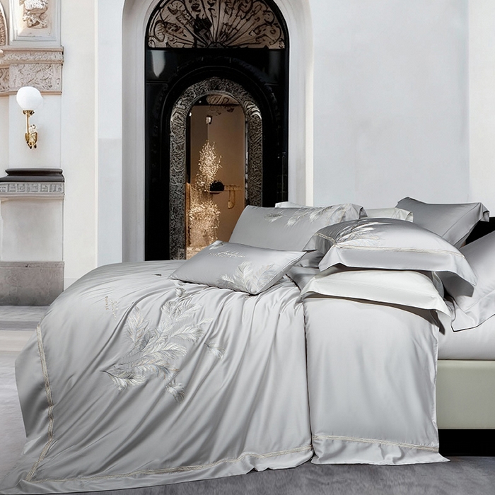 91家纺网 家纺一手货源 找家纺 诗黛尔 2026春夏新款 天丝刺绣四件套叶叶生辉系列 绅士灰