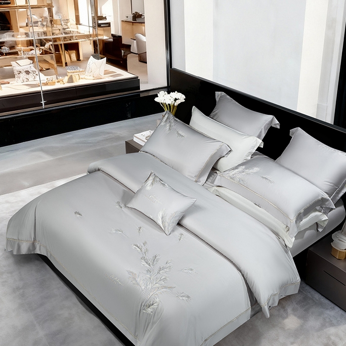 91家纺网 家纺一手货源 找家纺 诗黛尔 2026春夏新款 天丝刺绣四件套叶叶生辉系列 绅士灰