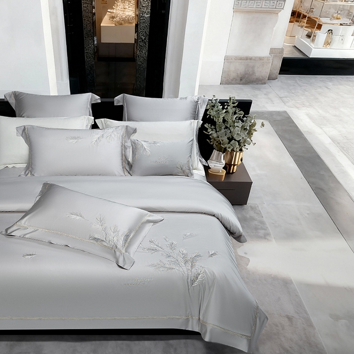 91家纺网 家纺一手货源 找家纺 诗黛尔 2026春夏新款 天丝刺绣四件套叶叶生辉系列 绅士灰