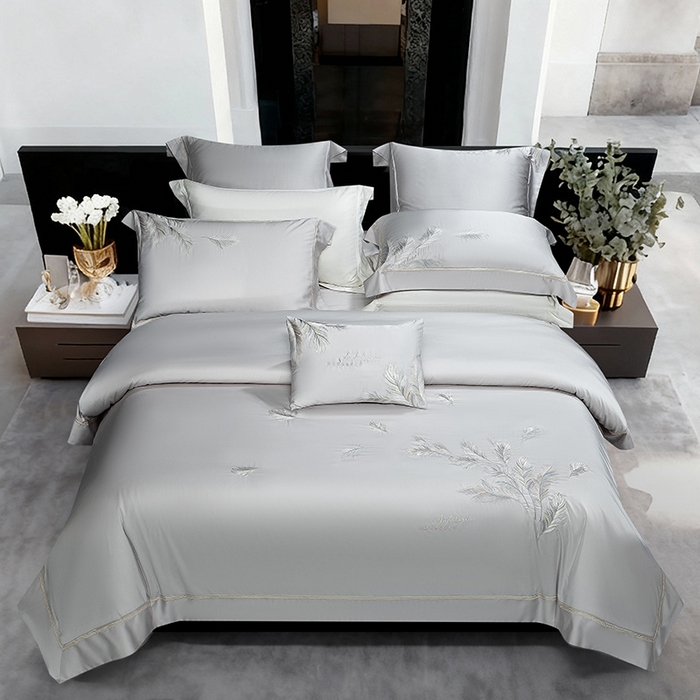 诗黛尔 2026春夏新款 天丝刺绣四件套叶叶生辉系列 绅士灰