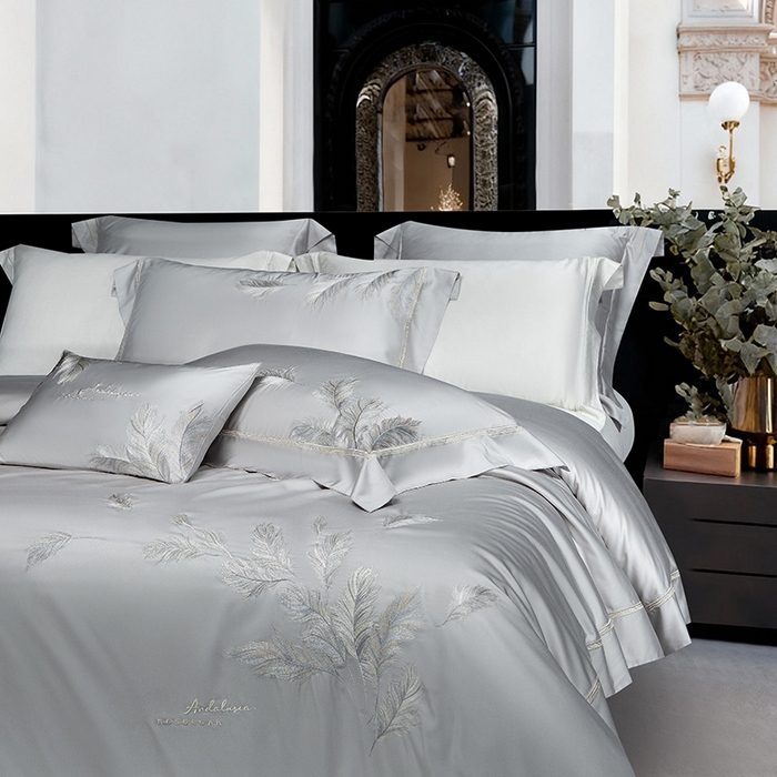 91家纺网 家纺一手货源 找家纺 诗黛尔 2026春夏新款 天丝刺绣四件套叶叶生辉系列 绅士灰