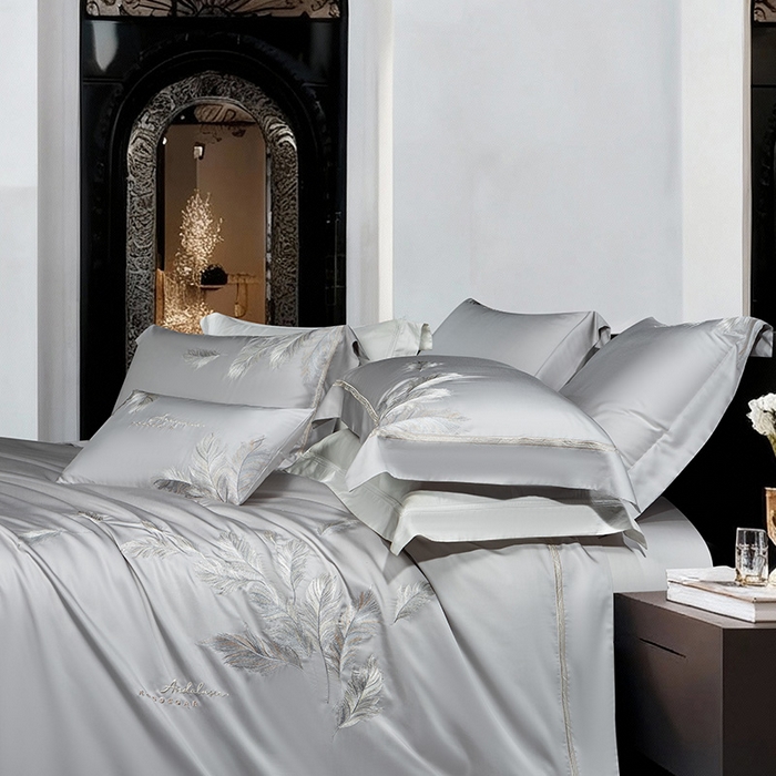 91家纺网 家纺一手货源 找家纺 诗黛尔 2026春夏新款 天丝刺绣四件套叶叶生辉系列 绅士灰