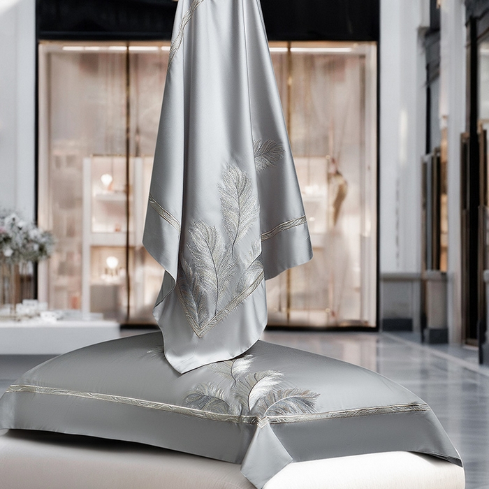 91家纺网 家纺一手货源 找家纺 诗黛尔 2026春夏新款 天丝刺绣四件套叶叶生辉系列 绅士灰