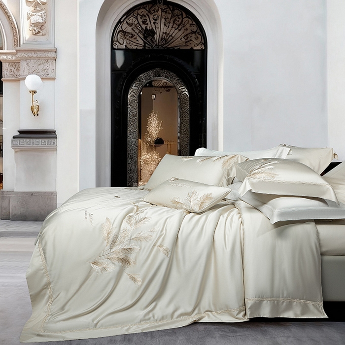 91家纺网 家纺一手货源 找家纺 诗黛尔 2026春夏新款 天丝刺绣四件套叶叶生辉系列 香槟金