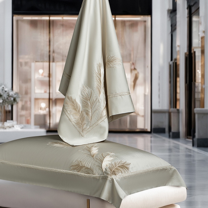 91家纺网 家纺一手货源 找家纺 诗黛尔 2026春夏新款 天丝刺绣四件套叶叶生辉系列 香槟金