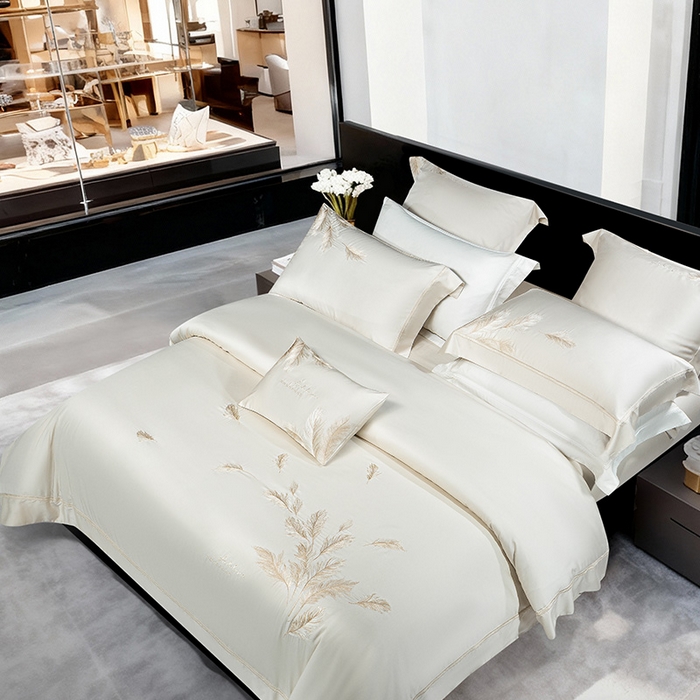 91家纺网 家纺一手货源 找家纺 诗黛尔 2026春夏新款 天丝刺绣四件套叶叶生辉系列 香槟金