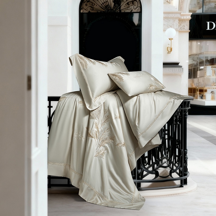 91家纺网 家纺一手货源 找家纺 诗黛尔 2026春夏新款 天丝刺绣四件套叶叶生辉系列 香槟金