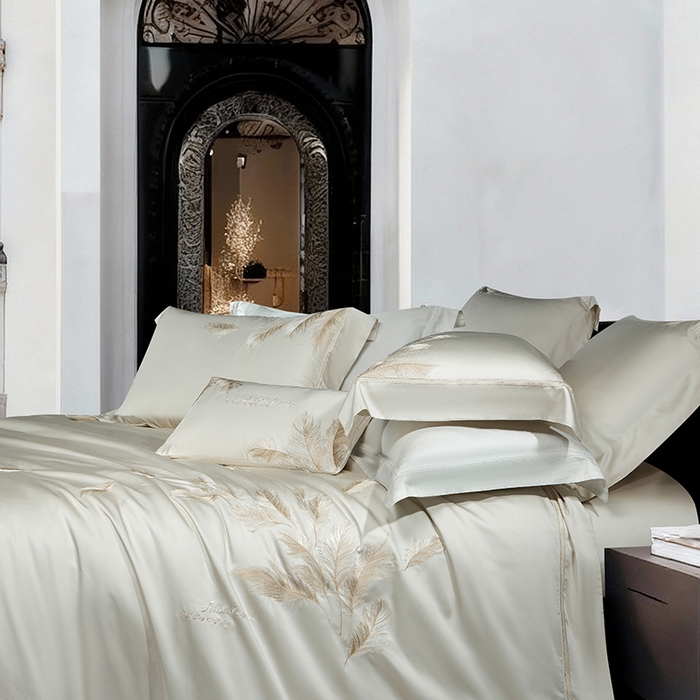 91家纺网 家纺一手货源 找家纺 诗黛尔 2026春夏新款 天丝刺绣四件套叶叶生辉系列 香槟金