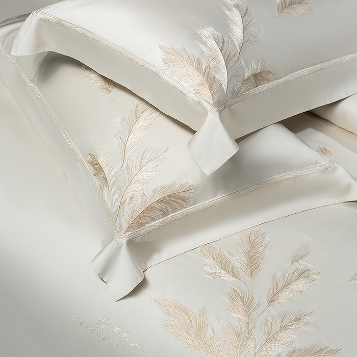 91家纺网 家纺一手货源 找家纺 诗黛尔 2026春夏新款 天丝刺绣四件套叶叶生辉系列 香槟金