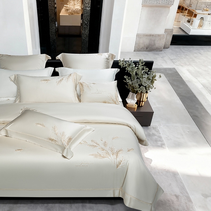 91家纺网 家纺一手货源 找家纺 诗黛尔 2026春夏新款 天丝刺绣四件套叶叶生辉系列 香槟金