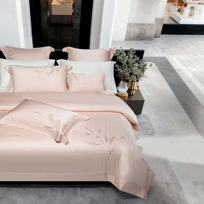 91家纺网 家纺一手货源 找家纺 诗黛尔 2026春夏新款 天丝刺绣四件套叶叶生辉系列 香妃玉