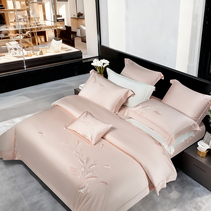 91家纺网 家纺一手货源 找家纺 诗黛尔 2026春夏新款 天丝刺绣四件套叶叶生辉系列 香妃玉