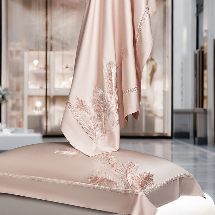 91家纺网 家纺一手货源 找家纺 诗黛尔 2026春夏新款 天丝刺绣四件套叶叶生辉系列 香妃玉