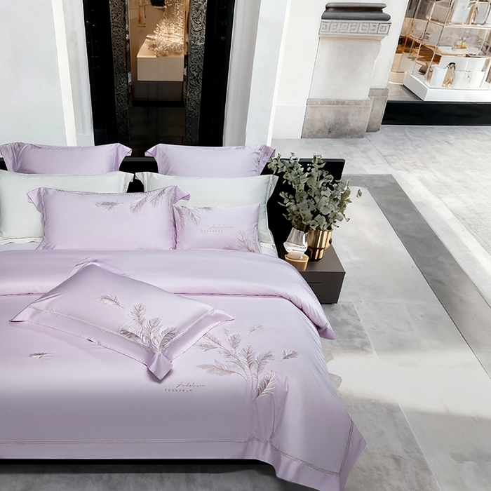 91家纺网 家纺一手货源 找家纺 诗黛尔 2026春夏新款 天丝刺绣四件套叶叶生辉系列 优雅紫