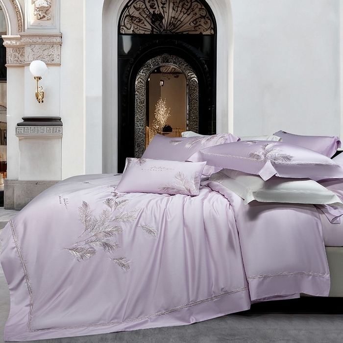 91家纺网 家纺一手货源 找家纺 诗黛尔 2026春夏新款 天丝刺绣四件套叶叶生辉系列 优雅紫