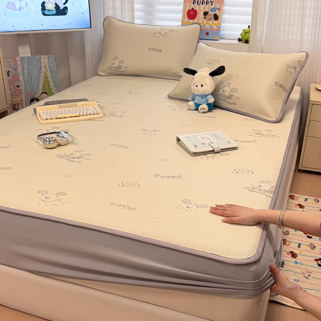 91家纺网 家纺一手货源 找家纺 （总）懒猫家纺 2026新款卡通提花凉豆豆床笠款凉席