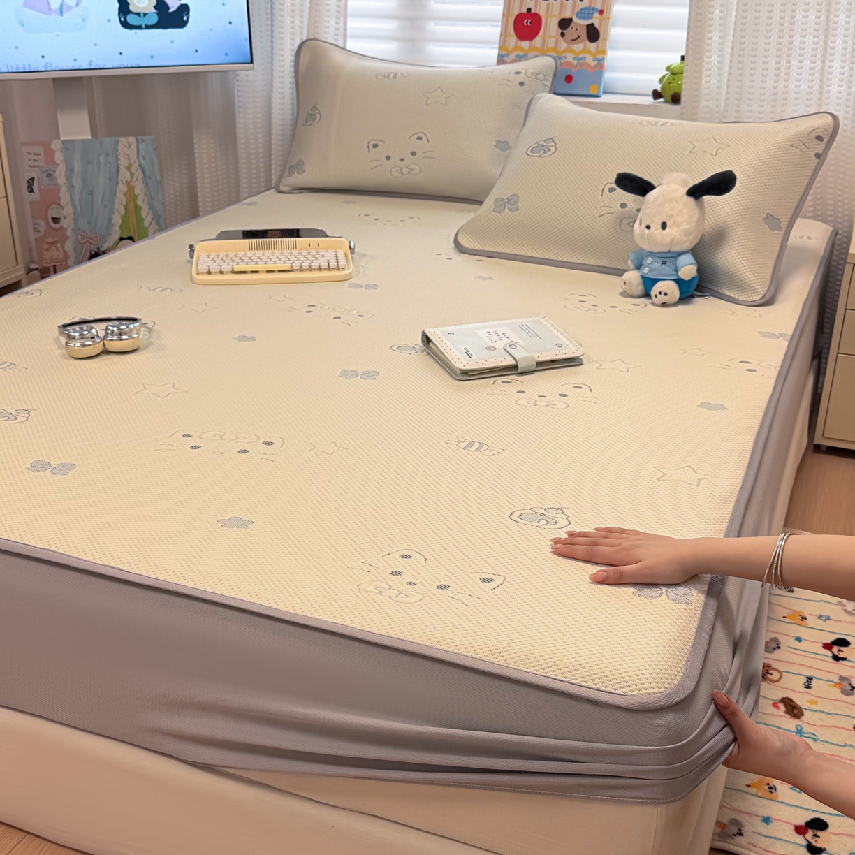 懒猫家纺 2026新款卡通提花凉豆豆床笠款凉席 星糖蓝猫-床笠款