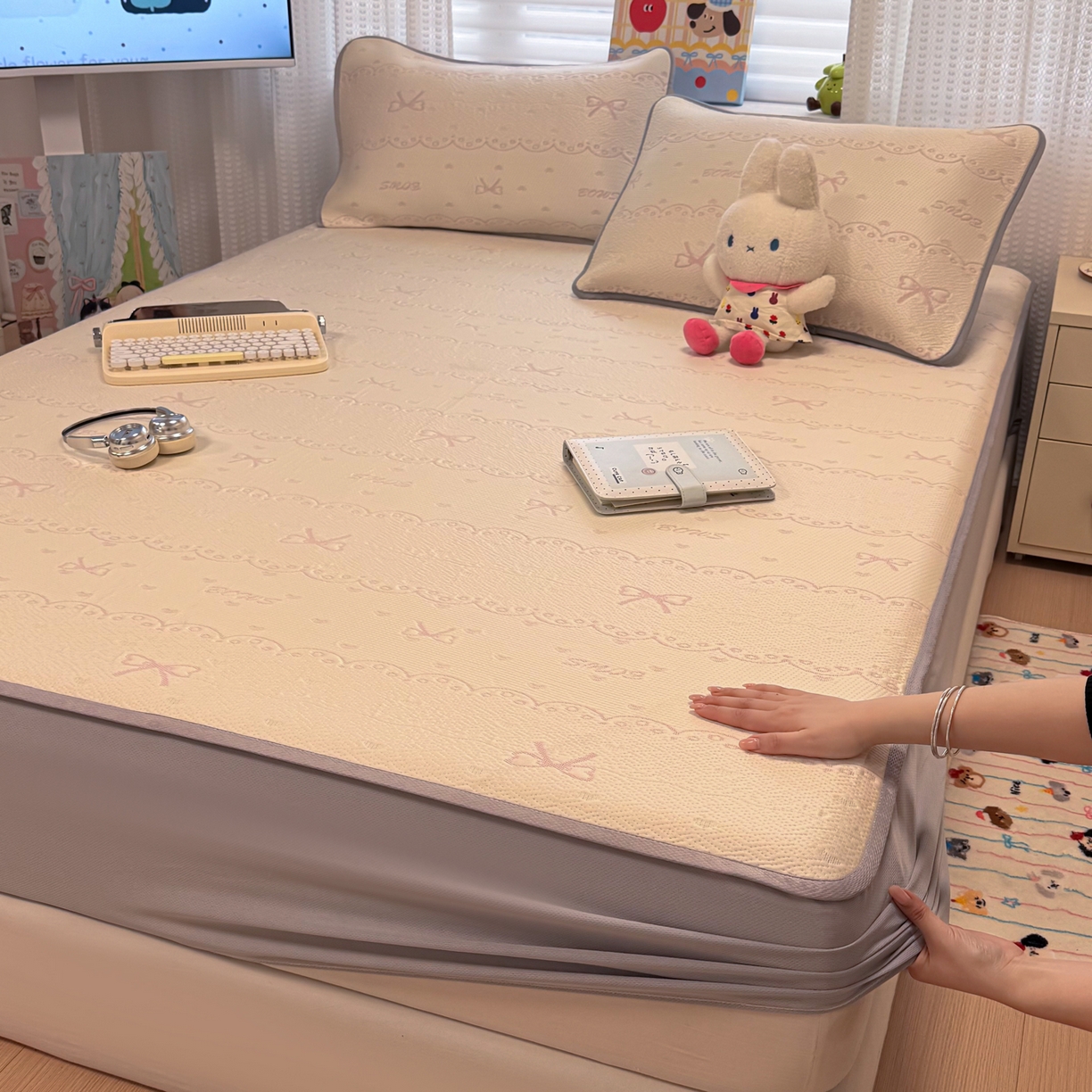 懒猫家纺 2026新款卡通提花凉豆豆床笠款凉席 少女甜梦-床笠款