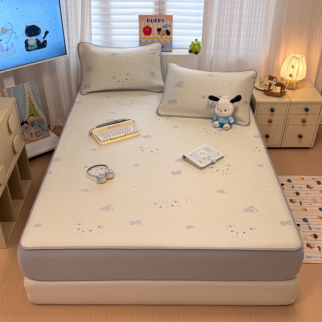 91家纺网 家纺一手货源 找家纺 懒猫家纺 2026新款卡通提花凉豆豆床笠款凉席 星糖蓝猫-床笠款