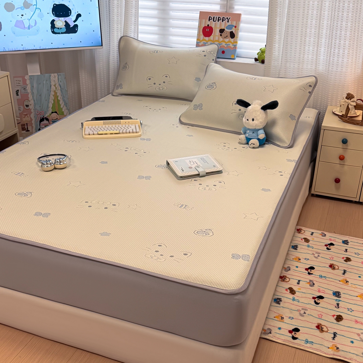 91家纺网 家纺一手货源 找家纺 懒猫家纺 2026新款卡通提花凉豆豆床笠款凉席 星糖蓝猫-床笠款