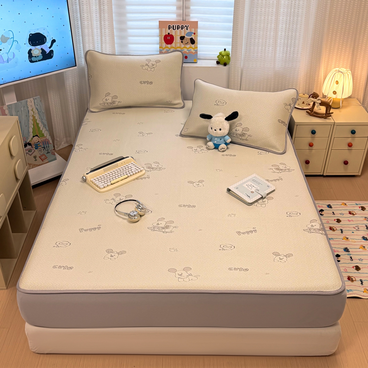 91家纺网 家纺一手货源 找家纺 懒猫家纺 2026新款卡通提花凉豆豆床笠款凉席 活力狗仔-床笠款