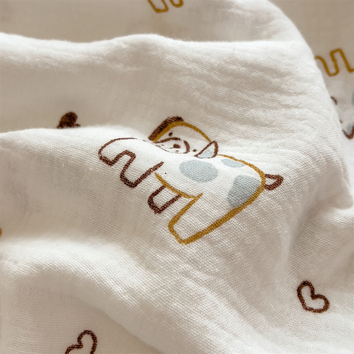 91家纺网 家纺一手货源 找家纺 布凡家居 2026新款A类贝壳边全棉双层纱布毯夏被毯盖毯双层纱浴巾毯 皱皱纱-调皮狗